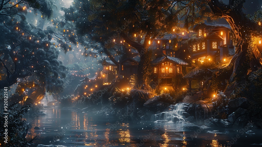 Fototapeta premium A summer night with flickering fireflies, their glow turning the landscape into a fairy-tale realm.