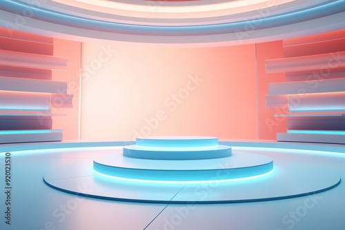 Abstract blue and pink futuristic background with a white podium.