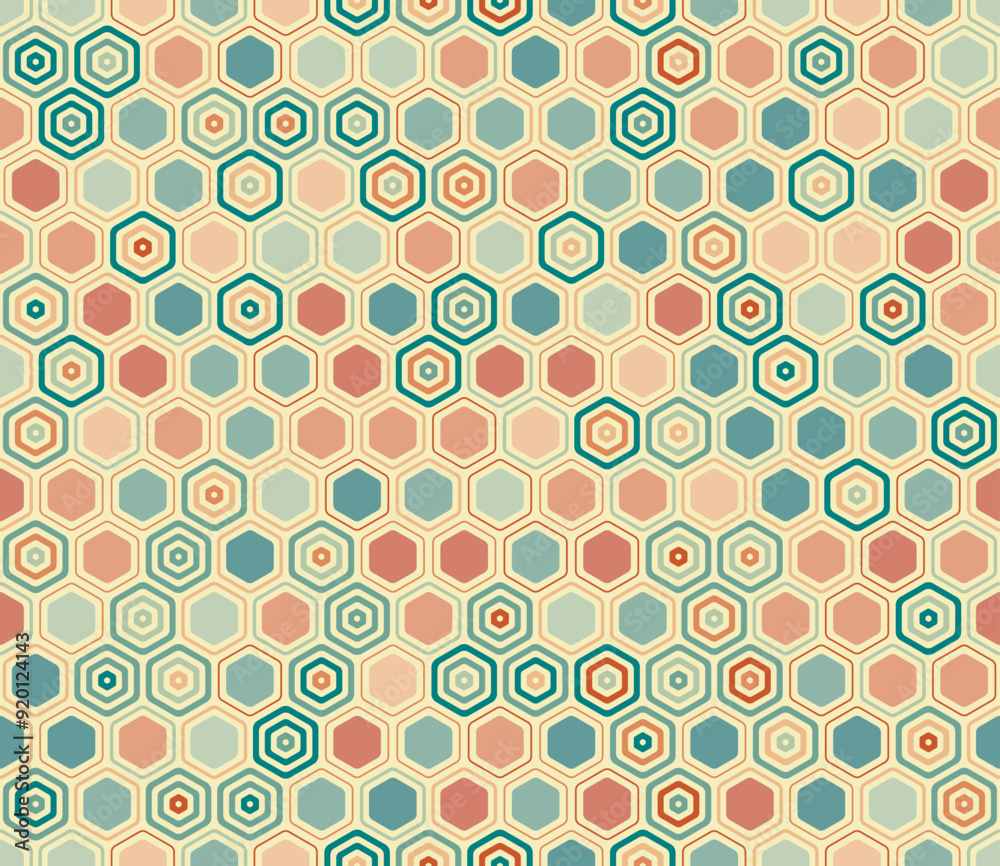 Abstract pattern of hexagon shapes. Geometric elements of varied style and color. Hexagon cells. Tileable pattern. Seamless background. Artistic vector illustration. Abstract pattern of hexagon shapes. Geometric elements of varied style and color. Hexagon cells. Tileable pattern. Seamless background. Artistic vector illustration.