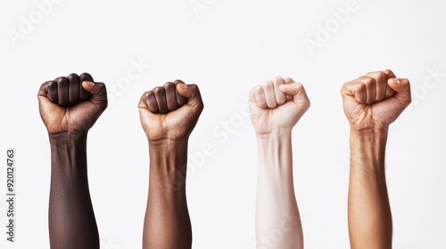 Multiracial clenched fists raised in the air could signify approval or defiance. Isolated against a white background