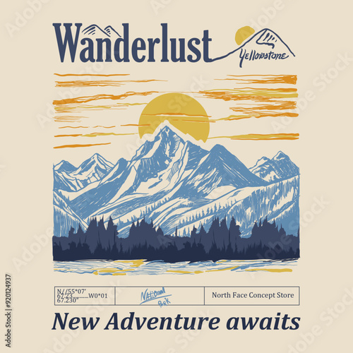 Wanderlust Yellows new adventure awaits, Adventure outdoors  mountain graphic, sunset mountain art, hand drawn mountain illustration art, vintage retro hill artwork, autumn winter retro t-shirt design