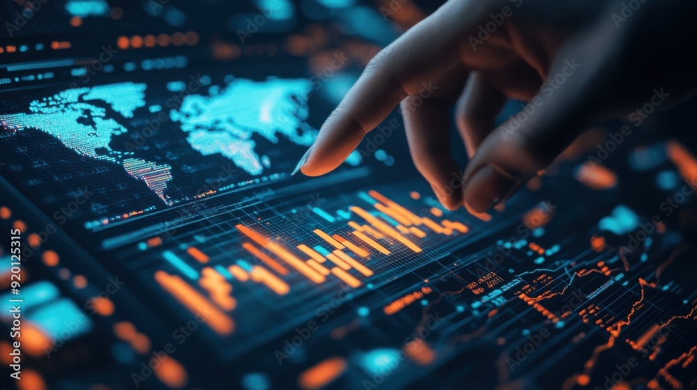 Close-up of a hand pointing at a candlestick chart displayed on a digital screen, showcasing a global stock market growth graph and a world map in the background Close-up of a hand pointing at a candlestick chart displayed on a digital screen, showcasing a global stock market growth graph and a world map in the background