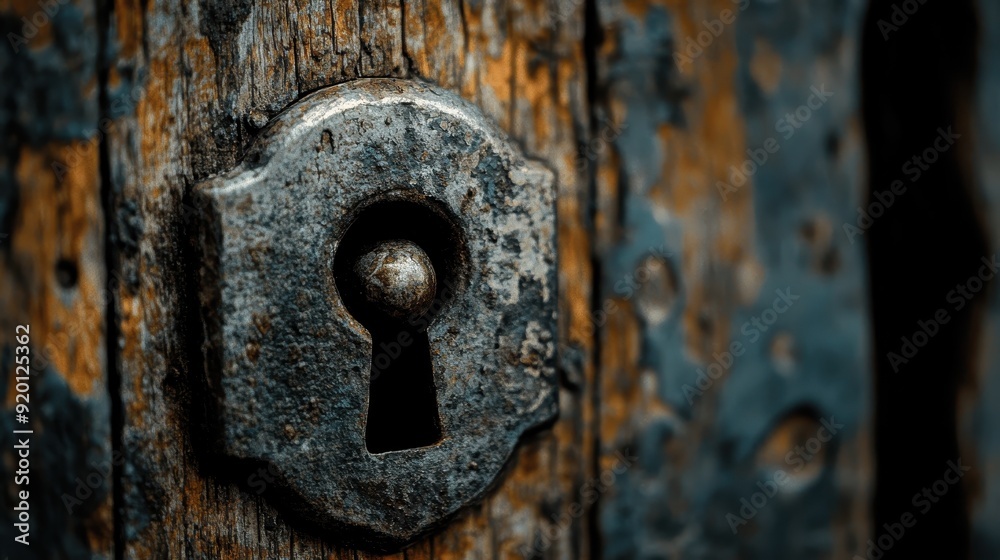 Close-Up of Rustic Antique Keyhole on Weathered Wooden Door with Peeling Paint Close-Up of Rustic Antique Keyhole on Weathered Wooden Door with Peeling Paint