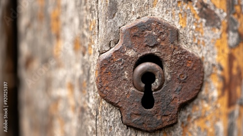 Close-up of a Rusty Vintage Keyhole on an Aged Wooden Door with Weathered Texture