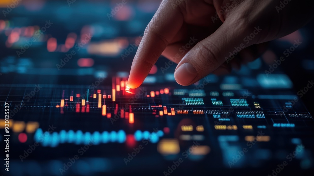 Close-up of a hand pointing at a candlestick chart displayed on a digital screen, showcasing a global stock market growth graph and a world map in the background Close-up of a hand pointing at a candlestick chart displayed on a digital screen, showcasing a global stock market growth graph and a world map in the background