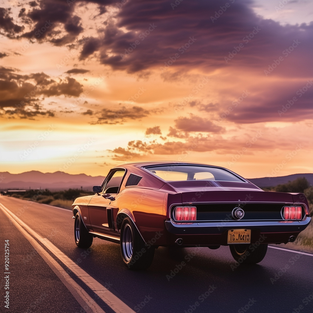 A classic car driving along Route at sunset A classic car driving along Route at sunset