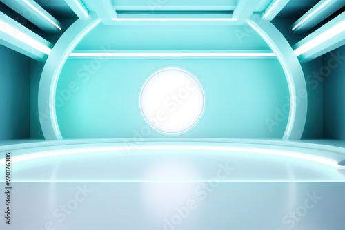 Futuristic, minimalist blue room with round stage and glowing lines.