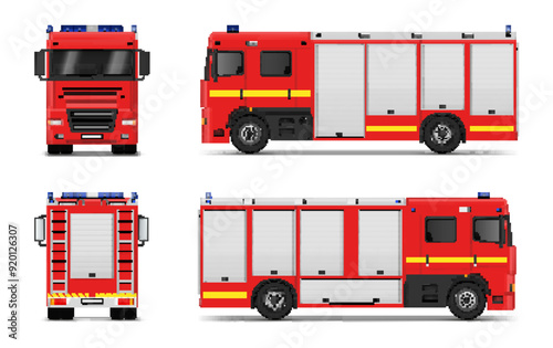 Red fire engine firetruck firefighter car front back side view mock up realistic vector illustration