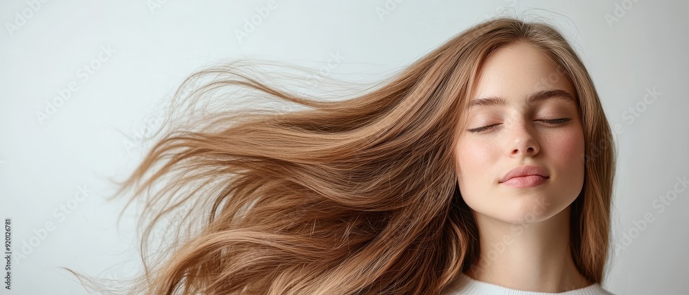 Young Woman with Long Flowing Hair and Closed Eyes Against a Soft Background