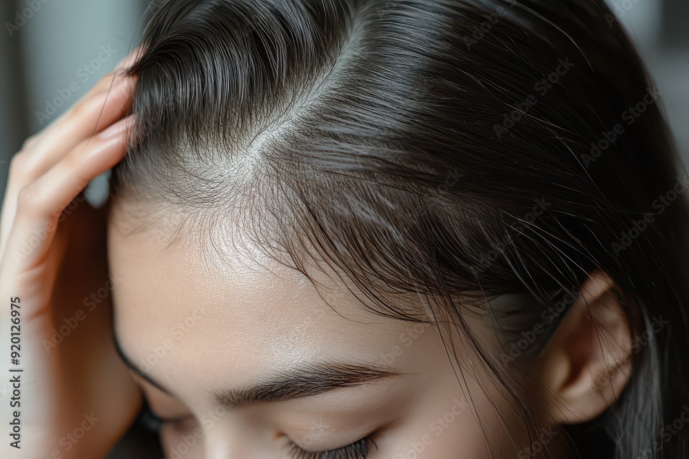 Close-Up of Woman's Hand Massaging Hairline Before and After Baldness Treatment - Cosmetic Gel or Shampoo Concept Close-Up of Woman's Hand Massaging Hairline Before and After Baldness Treatment - Cosmetic Gel or Shampoo Concept