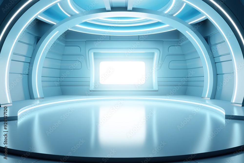 Futuristic blue room with glowing lines and a window. Futuristic blue room with glowing lines and a window.