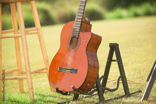 Wood violin guitar on guitat stan on green grass at beautiful wedding
