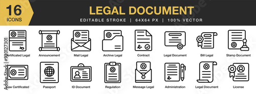 Legal Document icon set. Editable Stroke Icon Collection. Includes law certificate, license, mail, message, passport, regulation, and More. Outline icons vector collection.