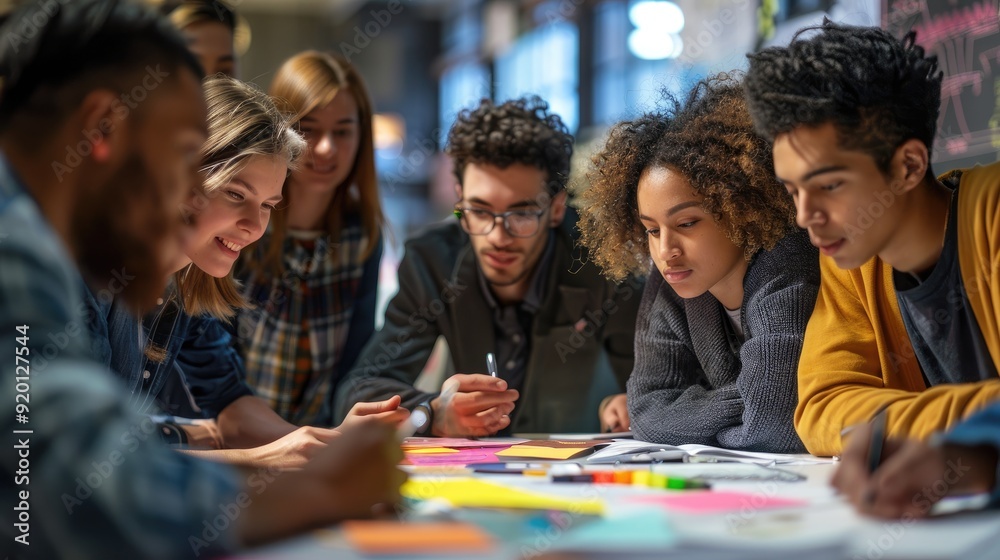 Diverse group of young people collaborating on a project, brainstorming and discussing ideas. Diverse group of young people collaborating on a project, brainstorming and discussing ideas.