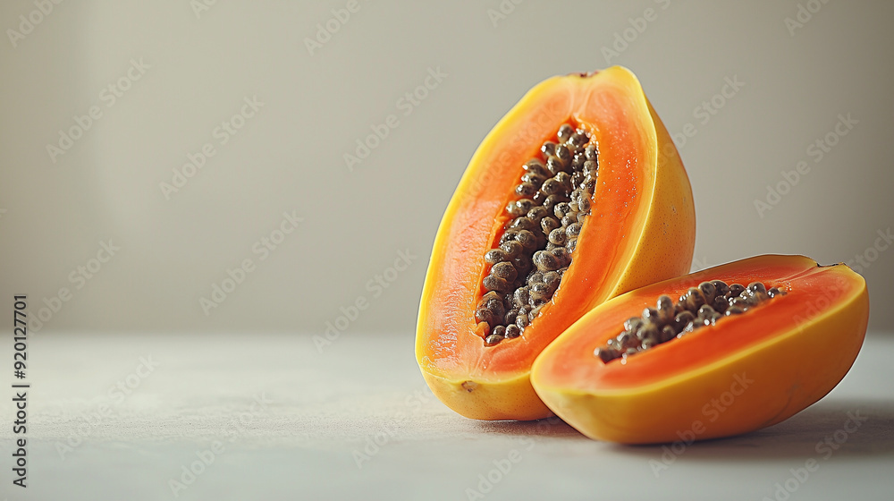 a whole papaya standing upright with two slices next to it, fresh and juicy fruit, close-up of fruit texture on light background a whole papaya standing upright with two slices next to it, fresh and juicy fruit, close-up of fruit texture on light background