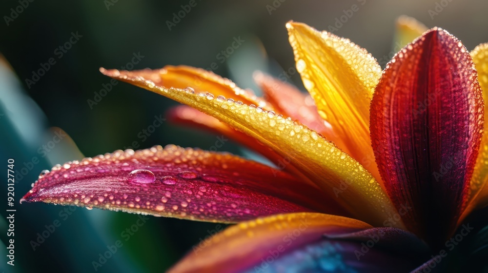 Vibrant Close-Up of a Colorful Flower with Dew Drops in Natural Sunlight Vibrant Close-Up of a Colorful Flower with Dew Drops in Natural Sunlight