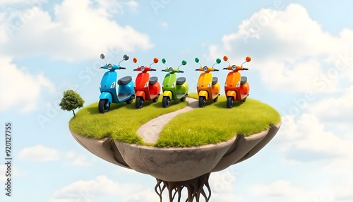 D Rendered Front View of Five Scooters with Vibrant Colors and Soft Blurred Background