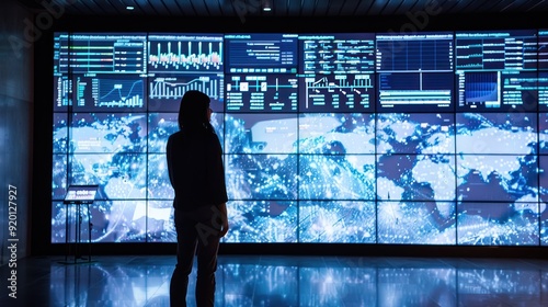 Woman Viewing World Map On Large Digital Screen