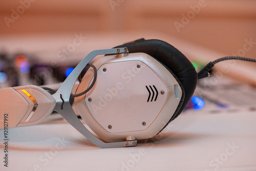 Fancy Dee Jay headphones on turn table at dance party