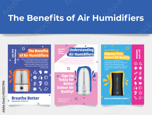 Air humidifier benefits shopping info webinar flyer collage design template set realistic vector
