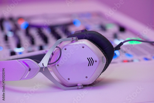 Fancy Dee Jay headphones on turn table at dance party