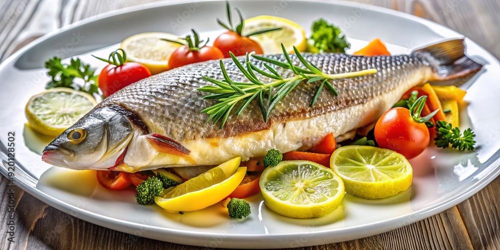 Freshly cooked European sea bass fillet garnished with lemon and herbs, served on a stylish white plate with a side of sautéed vegetables. Freshly cooked European sea bass fillet garnished with lemon and herbs, served on a stylish white plate with a side of sautéed vegetables.
