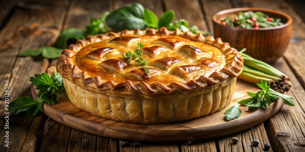 Deliciously lit, intricately detailed, and realistically rendered image of a traditional British savory pie, situated on a rustic wooden table, showcasing tantalizing crust and mouthwatering fillings. Deliciously lit, intricately detailed, and realistically rendered image of a traditional British savory pie, situated on a rustic wooden table, showcasing tantalizing crust and mouthwatering fillings.