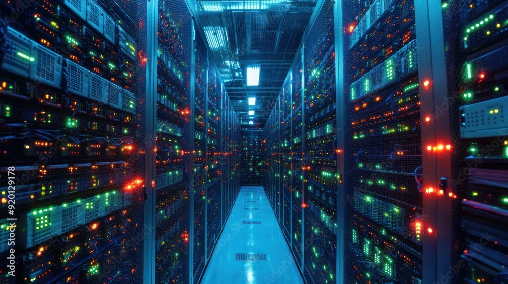 Fototapeta premium Server Room with Rows of Blinking Lights