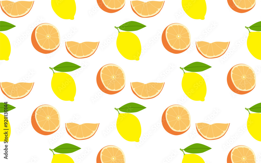 Lemon and orange fruit isolated on a white background. Seamless pattern. Hand-drawn citrus fruits. Background for textile, paper, cover, dishes, interior decor. Lemon and orange fruit isolated on a white background. Seamless pattern. Hand-drawn citrus fruits. Background for textile, paper, cover, dishes, interior decor.