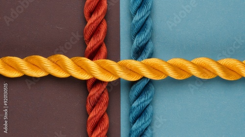 Diverse Teamwork in Unity, a close-up view of strong individuals connected by a braided rope, symbolizing partnership, support, and empowerment in collaboration. photo