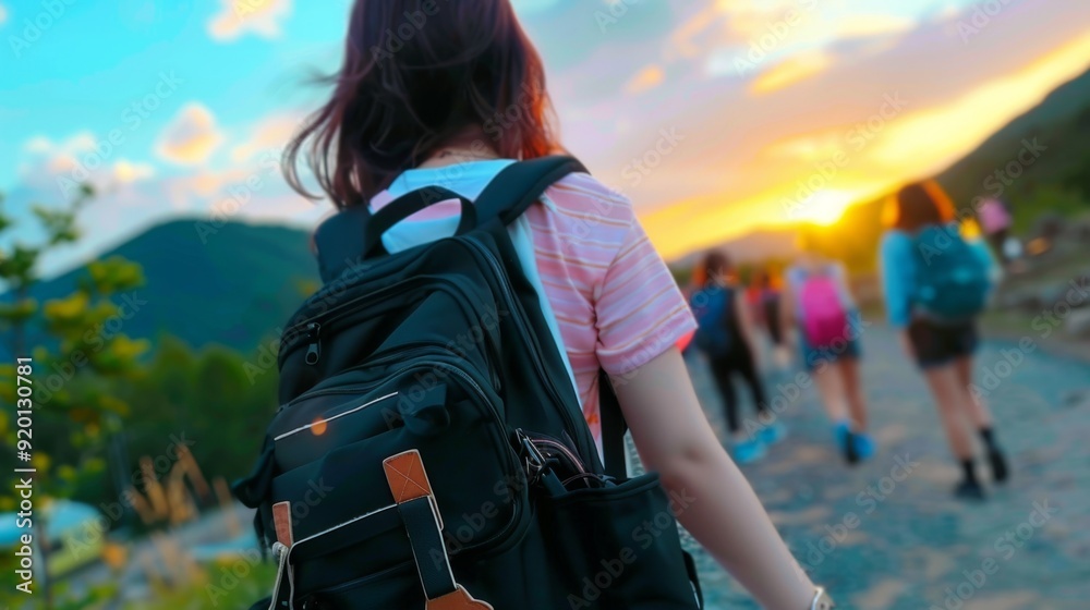 Mountain Adventure at Sunset, a vibrant group of hikers traversing a scenic trail, embodying the spirit of exploration and connection with nature during summer journeys.