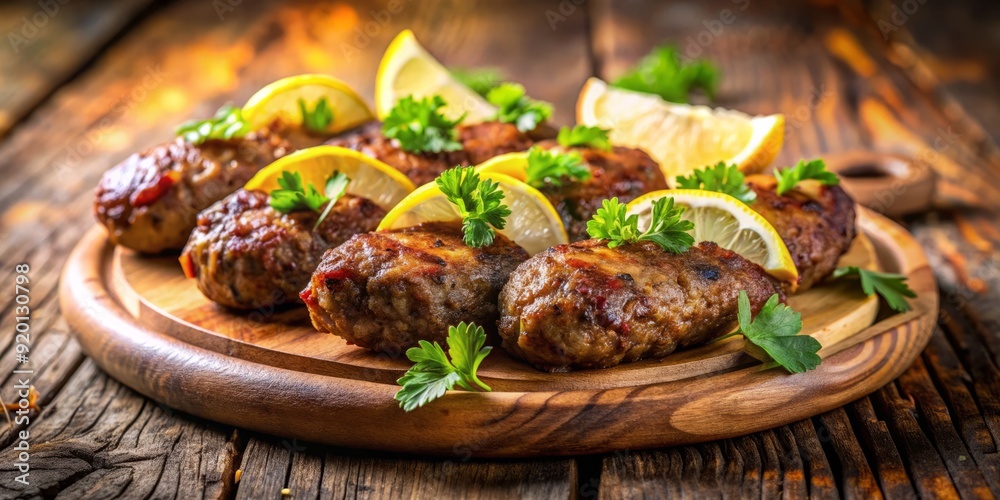 Vibrant, juicy köfte sizzle on a rustic wooden board, garnished with fresh parsley and sliced lemon, against a warm, creamy background, exuding mouthwatering appetizing appeal. Vibrant, juicy köfte sizzle on a rustic wooden board, garnished with fresh parsley and sliced lemon, against a warm, creamy background, exuding mouthwatering appetizing appeal.
