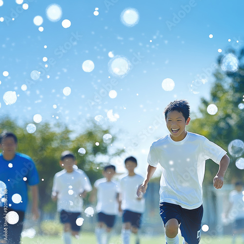 サッカーを楽しむ日本の少年たち。少年スポーツクラブ。Generative AI