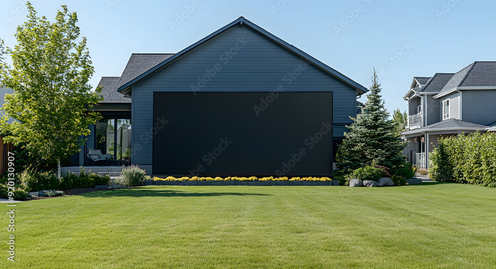 Large Blank Black Movie Screen in a Front Yard at Night Large Blank Black Movie Screen in a Front Yard at Night