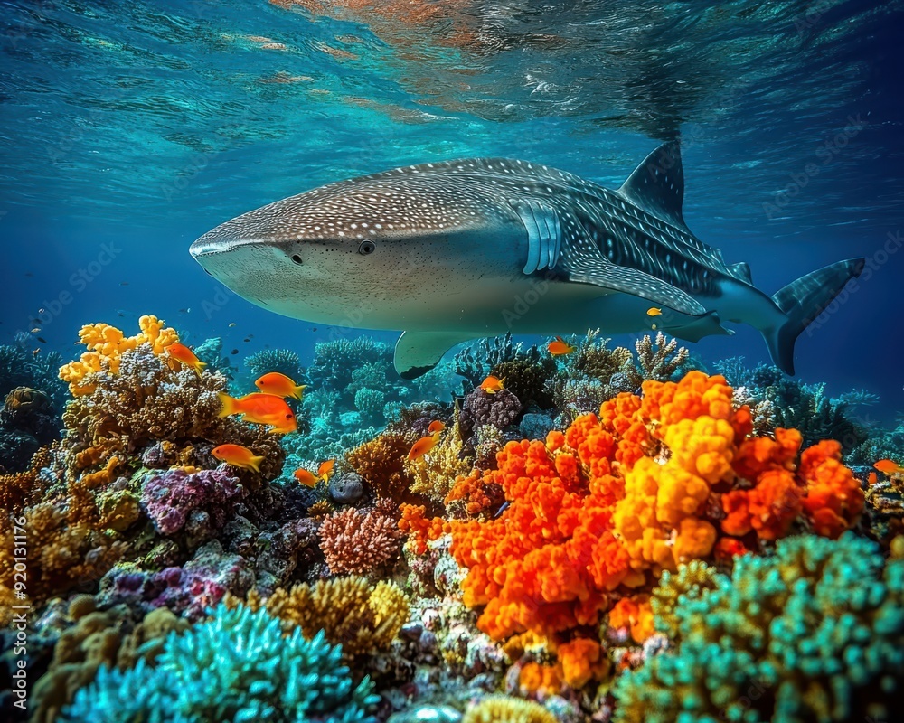 Fototapeta premium Underwater Marvels: Captivating Whale Shark Swimming Among Vibrant Coral Reefs in Crystal Clear Ocean Waters