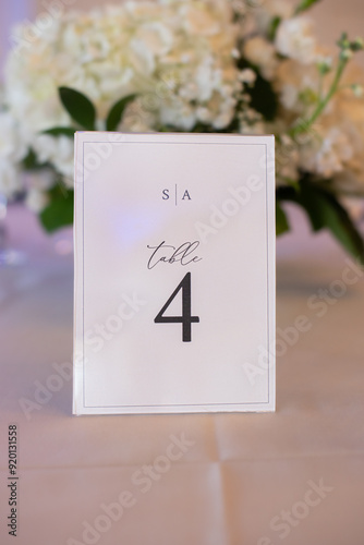 White table sign centerpiece with black  letters that read 