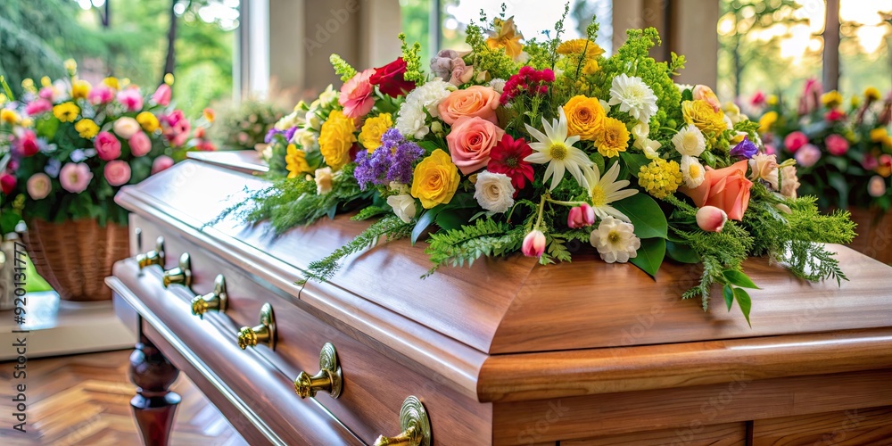 Obraz premium Casket prepared for funeral surrounded by beautiful flower bouquets, funeral, casket, flowers, bouquets