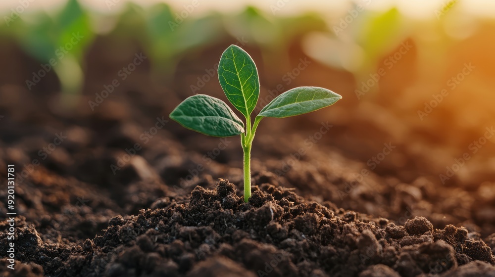 Young Green Plant Seedling Growing in Fertile Soil at Sunrise, Symbolizing New Life, Growth, and Environmental Conservation, Close-Up Shot with Warm Sunlight in the Background Young Green Plant Seedling Growing in Fertile Soil at Sunrise, Symbolizing New Life, Growth, and Environmental Conservation, Close-Up Shot with Warm Sunlight in the Background