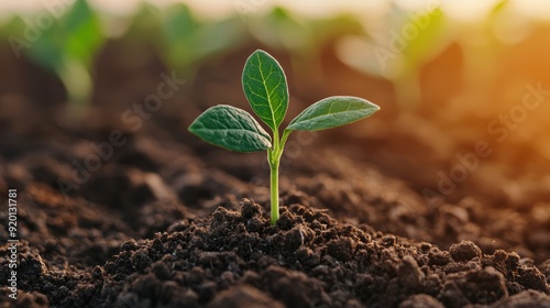 Young Green Plant Seedling Growing in Fertile Soil at Sunrise, Symbolizing New Life, Growth, and Environmental Conservation, Close-Up Shot with Warm Sunlight in the Background