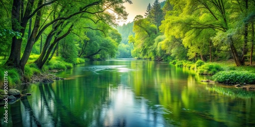 Beautiful, serene river flowing through lush green forest scenery, river, forest, nature, tranquil, peaceful, water