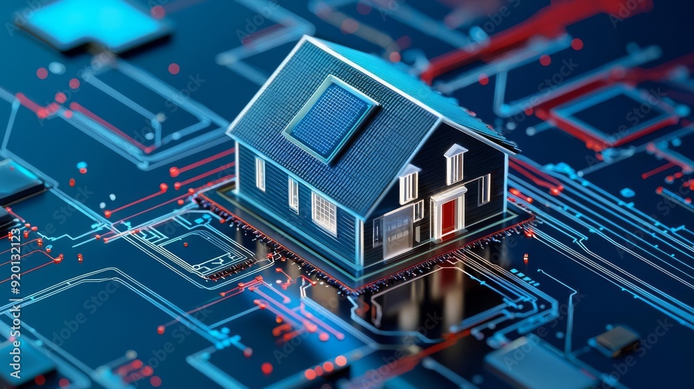 Holographic home sale announcement, close-up, smart home background Holographic home sale announcement, close-up, smart home background