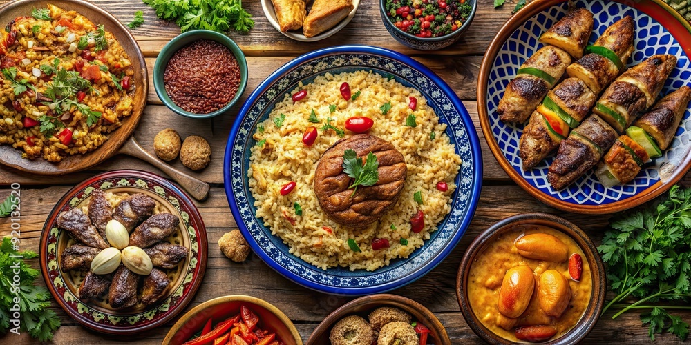 Traditional Uzbek cuisine featuring dishes such as pilaf, kebabs, and samsa, Uzbekistan, Oriental, Central Asia, Food, Cuisine, Pilaf Traditional Uzbek cuisine featuring dishes such as pilaf, kebabs, and samsa, Uzbekistan, Oriental, Central Asia, Food, Cuisine, Pilaf