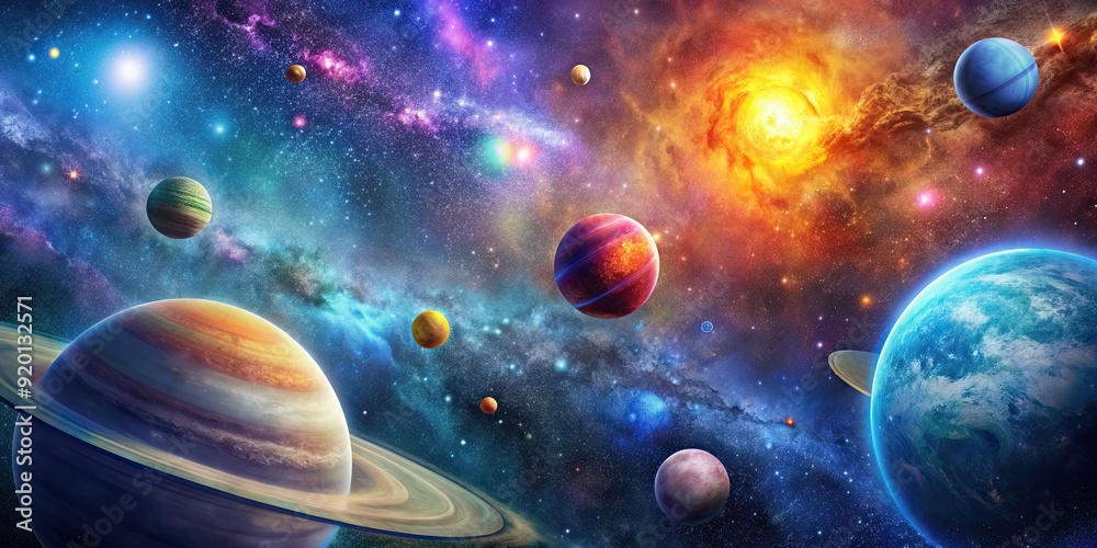 Galaxy with multiple planets and colorful stars, galaxy, space, universe, planets, stars, astronomy, exploration Galaxy with multiple planets and colorful stars, galaxy, space, universe, planets, stars, astronomy, exploration