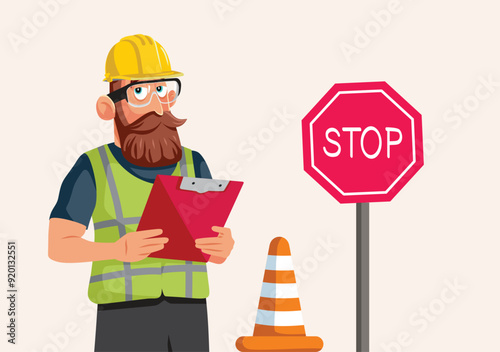 Safety Inspector on Construction Site Vector Cartoon Character. Engineer preoccupied by the workplace safety and risk management 
