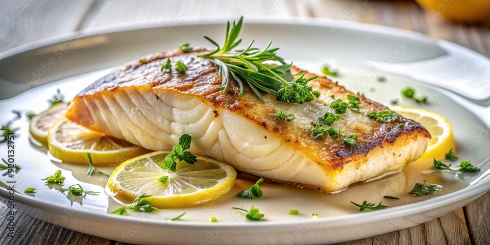 Freshly cooked pan-seared fish filet on a white plate, garnished with lemon and herbs, in a modern upscale restaurant setting, mouth-watering and appetizing. Freshly cooked pan-seared fish filet on a white plate, garnished with lemon and herbs, in a modern upscale restaurant setting, mouth-watering and appetizing.