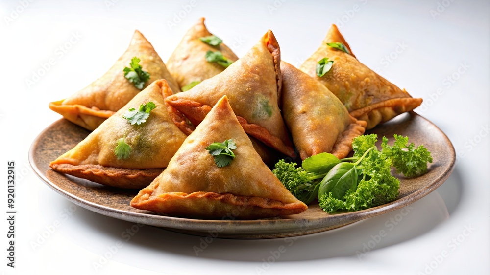 Isolated of vegetarian samosas on a plate, vegan, food, Indian cuisine, appetizer, snack, traditional, savory, pastry, spicy Isolated of vegetarian samosas on a plate, vegan, food, Indian cuisine, appetizer, snack, traditional, savory, pastry, spicy