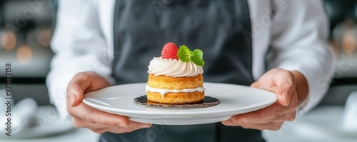 Butler serving a gourmet dessert in a high-end restaurant, focus on precision and artistry, photorealistic details photo