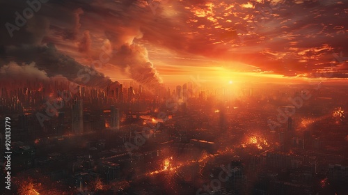 A city ablaze with towering infernos and thick smoke, creating a harrowing apocalyptic scene.