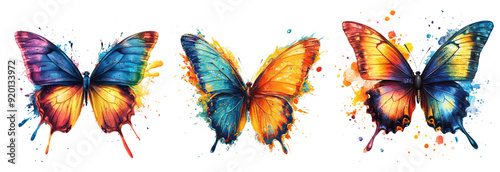 Vibrant butterflies with paint splashes isolated on transparent background