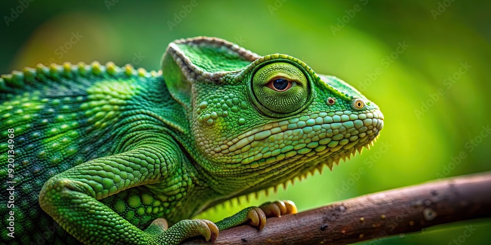 Fototapeta premium A green chameleon blending into its surroundings, camouflage, reptile, wildlife, nature, exotic, lizard